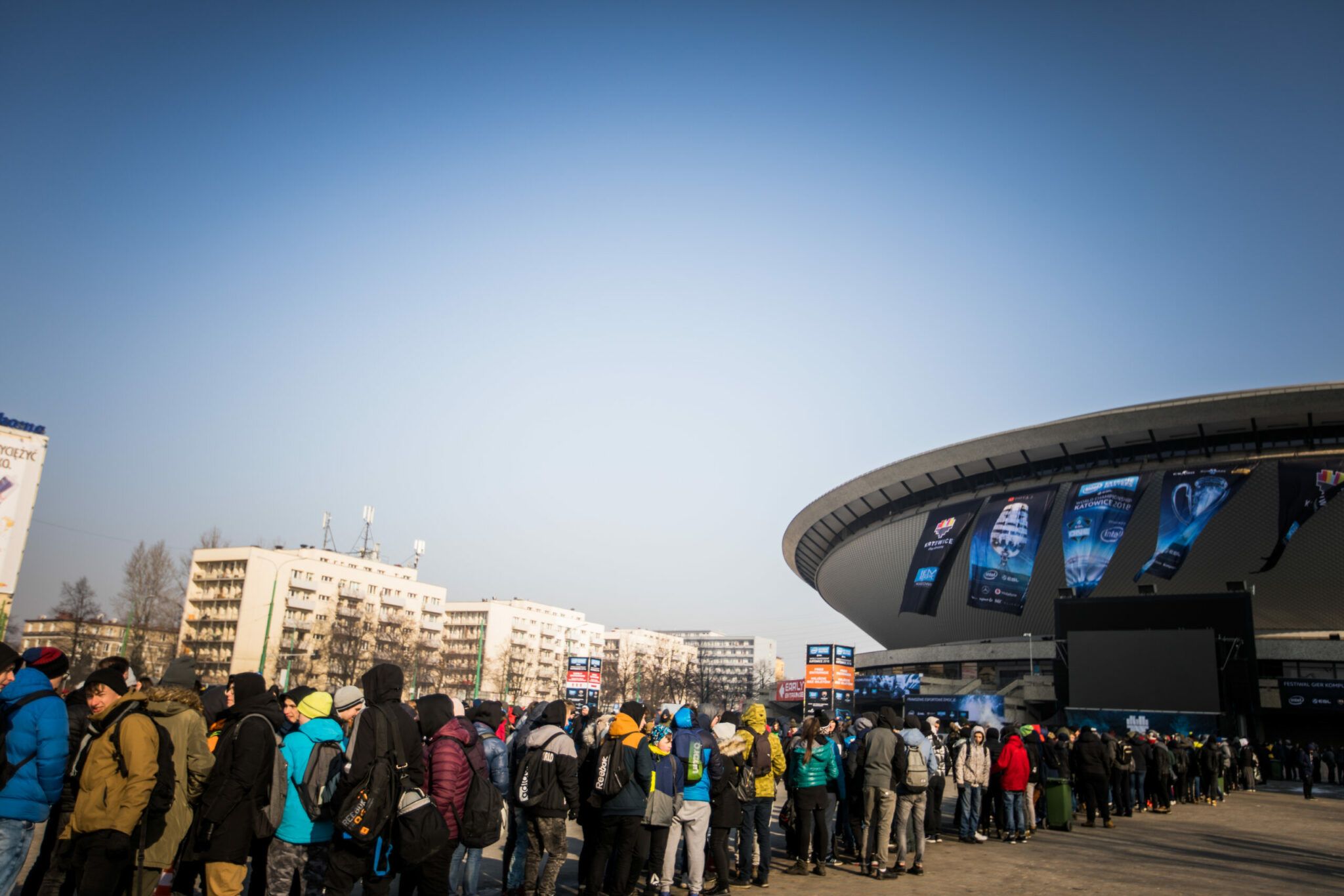 Photo showing esports fans queue outside the Spodek arena in Katowice.